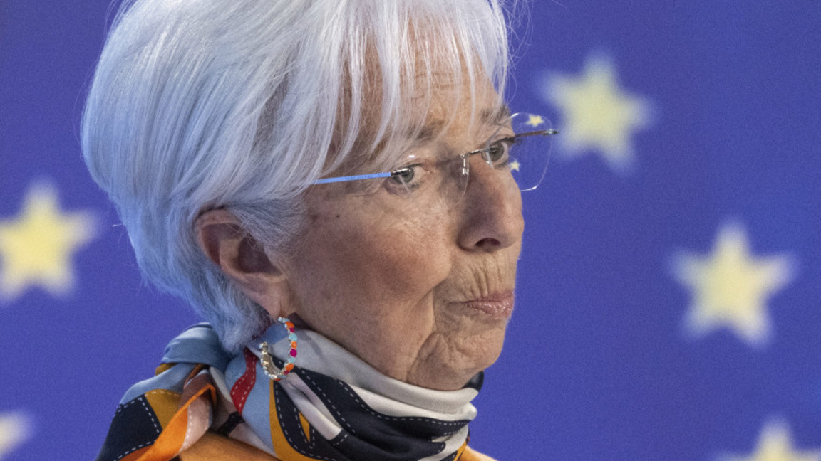 Кристин Лагард говори на пресконференцията на банката след срещата във Франкфурт, 6 март 2025 г.