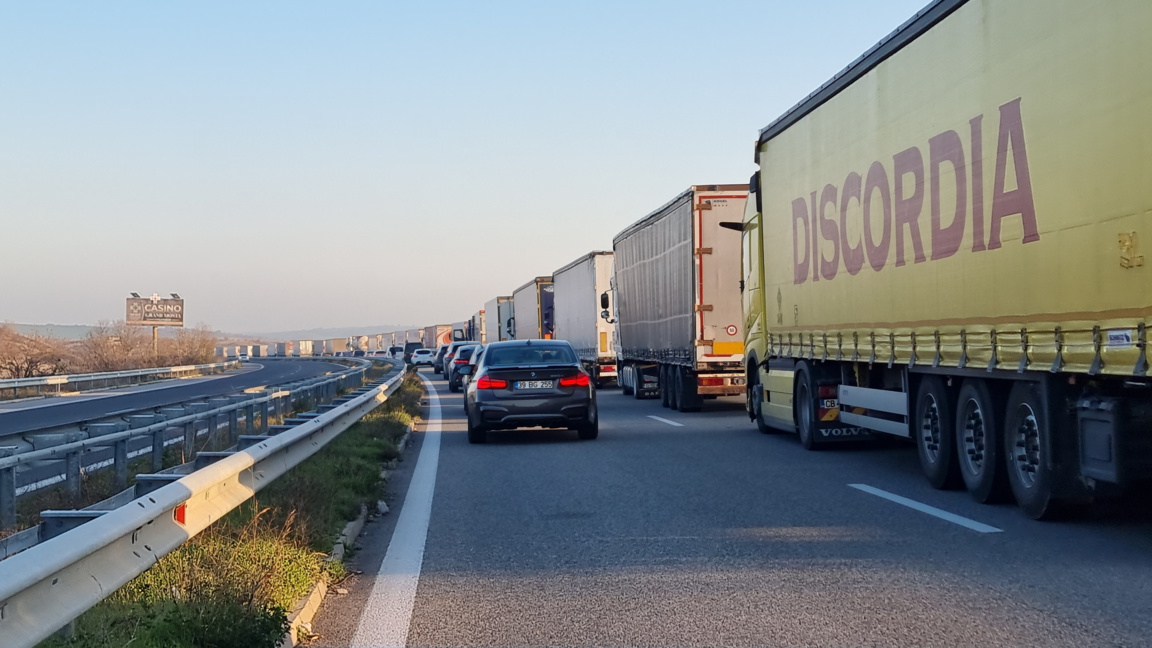 Queues of trucks waiting to cross the bo...