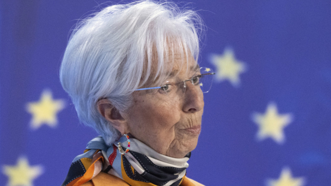 Президентът на Европейската централна банка Кристин Лагард говори на пресконференцията на банката след срещата във Франкфурт, 6 март 2025 г.