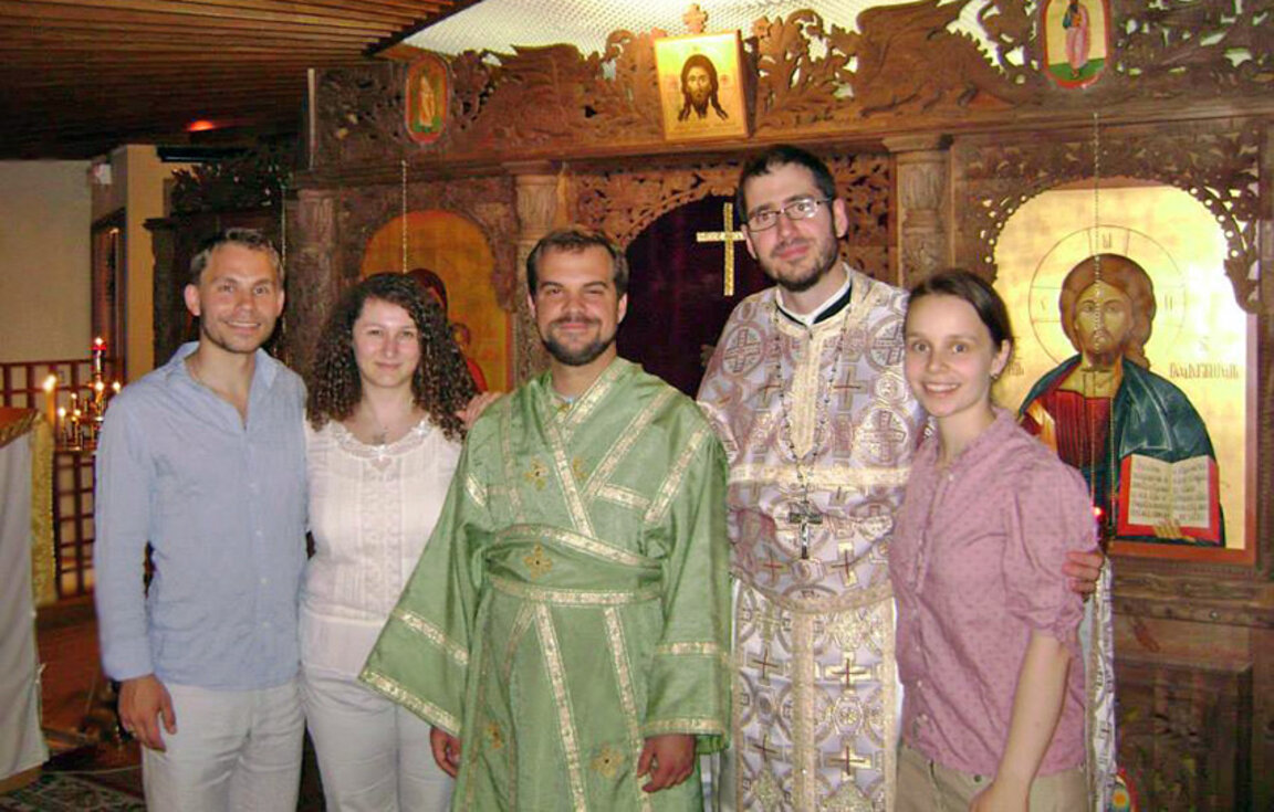 Elena Karageorgieva (first from right to left) with her husband Father Ivan and parishioners at the Bulgarian Orthodox Church in Paris.